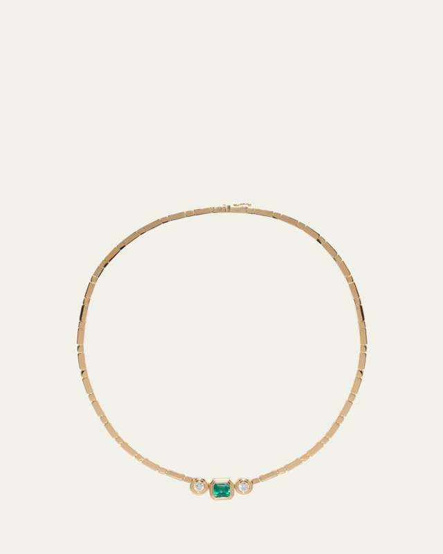 18K Yellow Gold Bar Diamond and Emerald Necklace